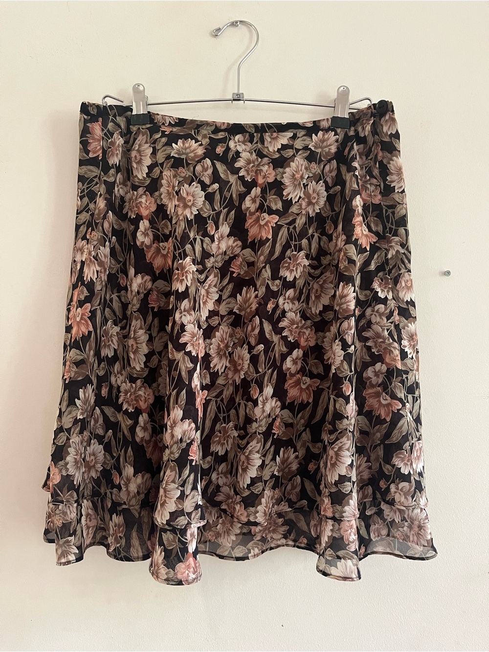 Vintage Express Black Pink Floral Chiffon Midi Skirt Medium Romantic Date Night
